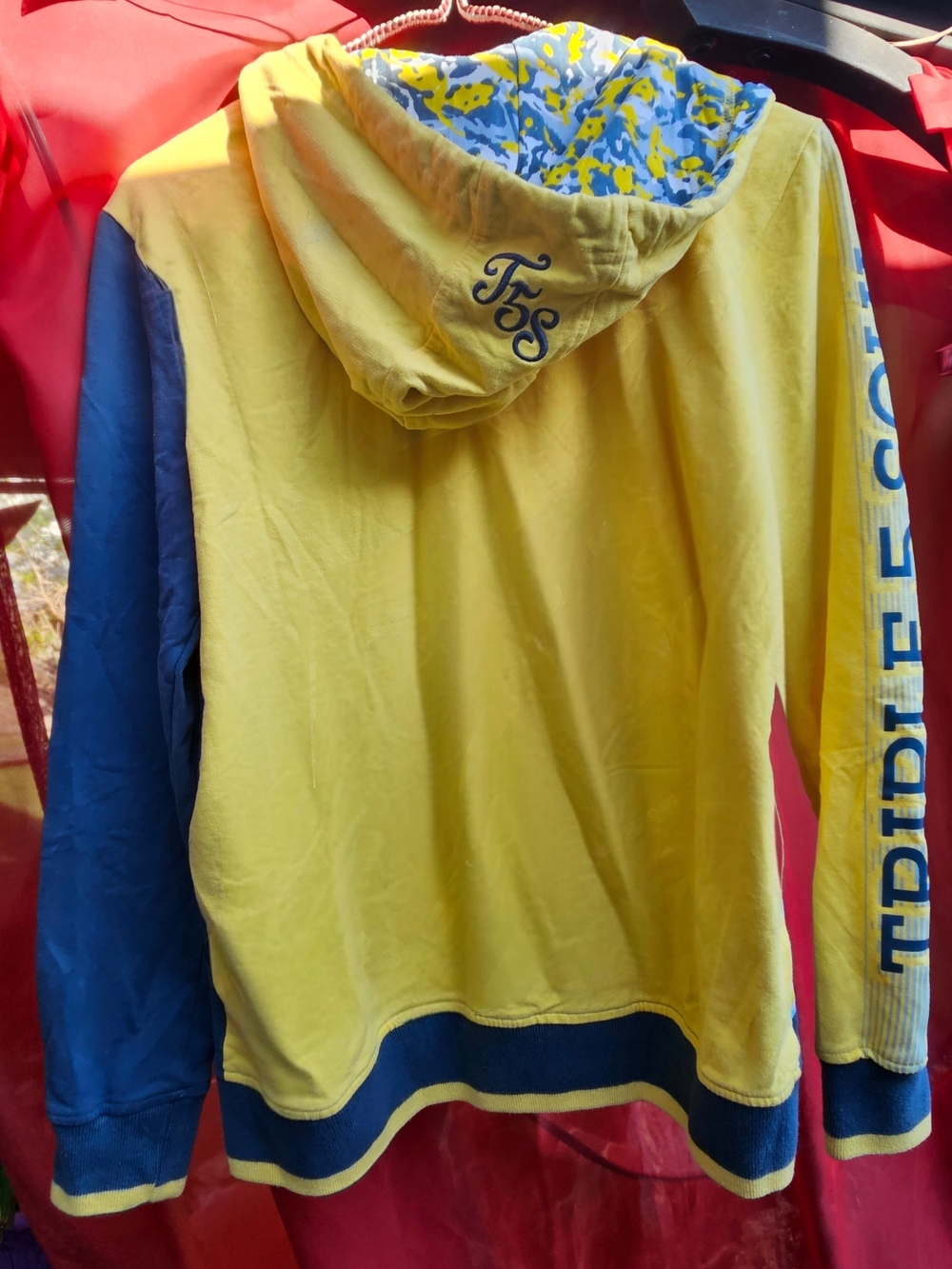 Vintage Triple Five Soul Yellow Hoodie with Blue Sleeves and Script Hood Logo